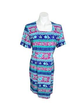 Vintage 90s Sag Harbor Dress Blue Green Floral Short Sleeve Midi Shift S/M
